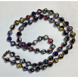 Vtg Millefiori Venetian Murano Glass Bead Necklace 35”